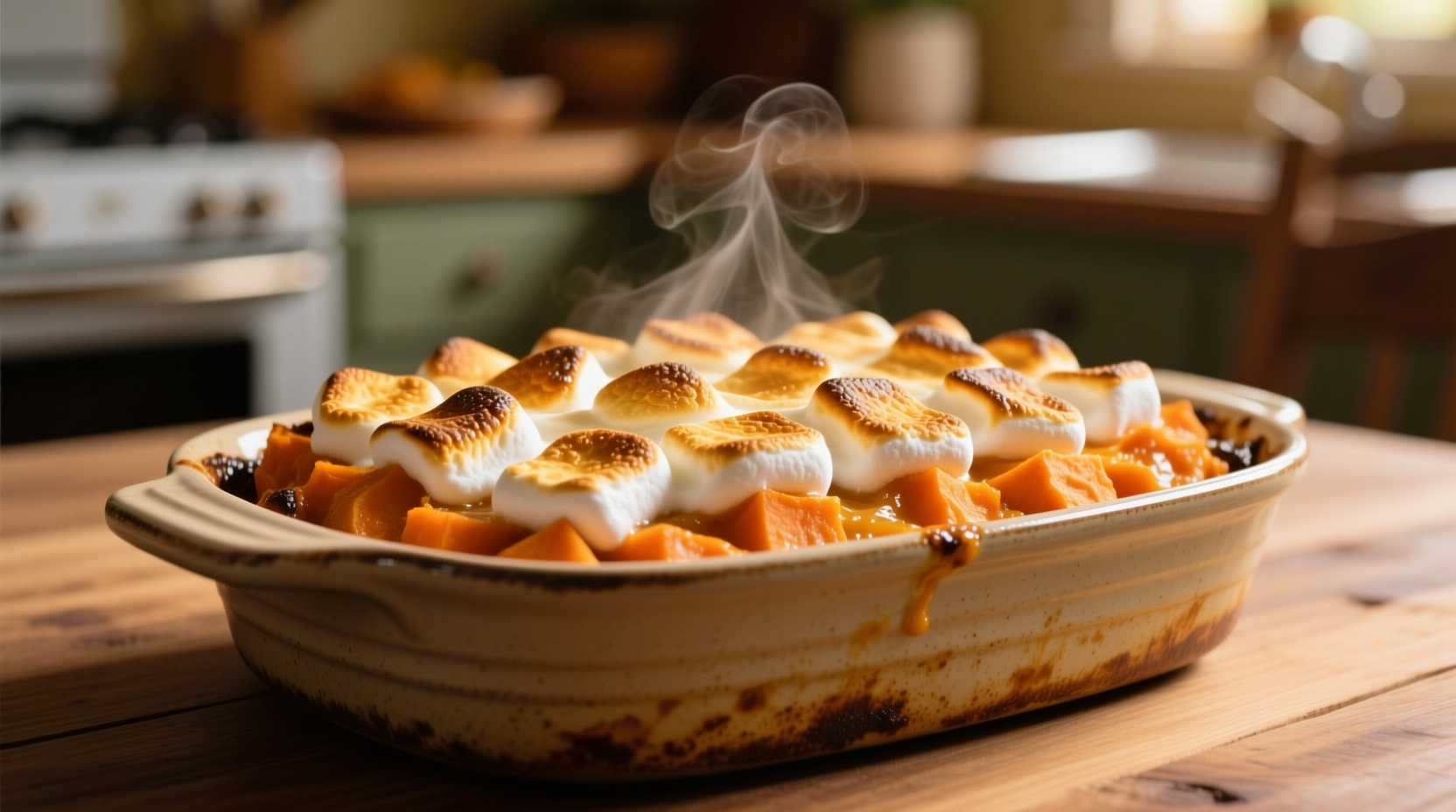 Golden sweet potato casserole with toasted marshmallows