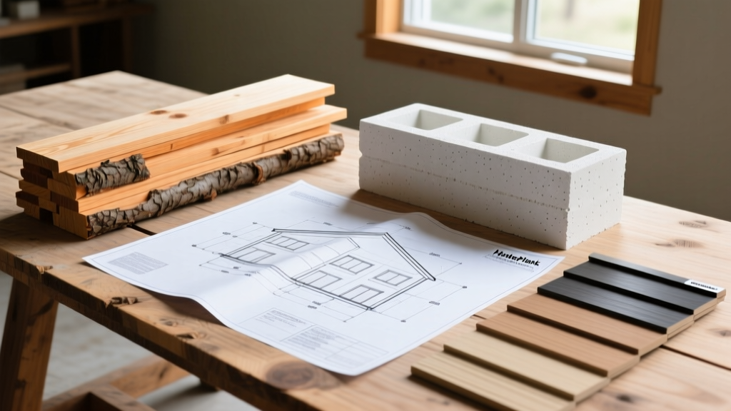 Detailed architectural blueprint spread across a plywood table next to stacks of Douglas Fir lumber, Nudura ICF blocks, and HardiePlank siding samples