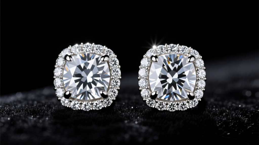 Platinum cushion halo diamond earrings on black velvet, showing crushed ice facets and a bright melee halo under studio light.