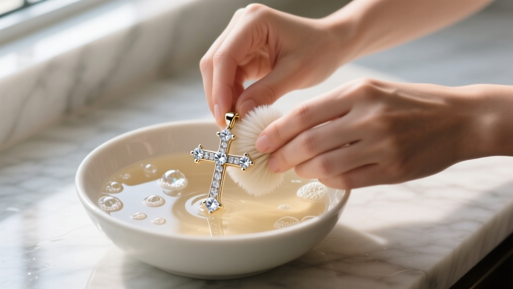 Hands gently scrubbing a diamond white gold cross pendant with a soft nylon brush in a bowl of warm soapy water.