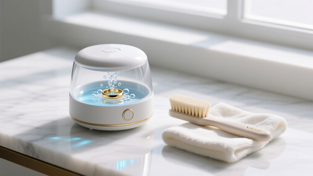 Small ultrasonic jewelry cleaner with gentle solution, next to a soft-bristled brush and microfiber cloth for fine jewelry care.