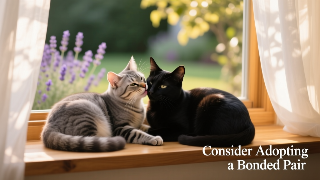 Two cats curled up together on a sunlit windowsill, one gently licking the other's ear