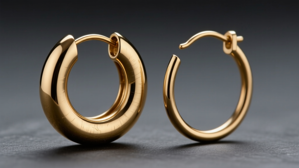 Close-up comparing 20-gauge and 14-gauge solid brass hoop earrings, highlighting wire thickness and rigidity on dark slate.