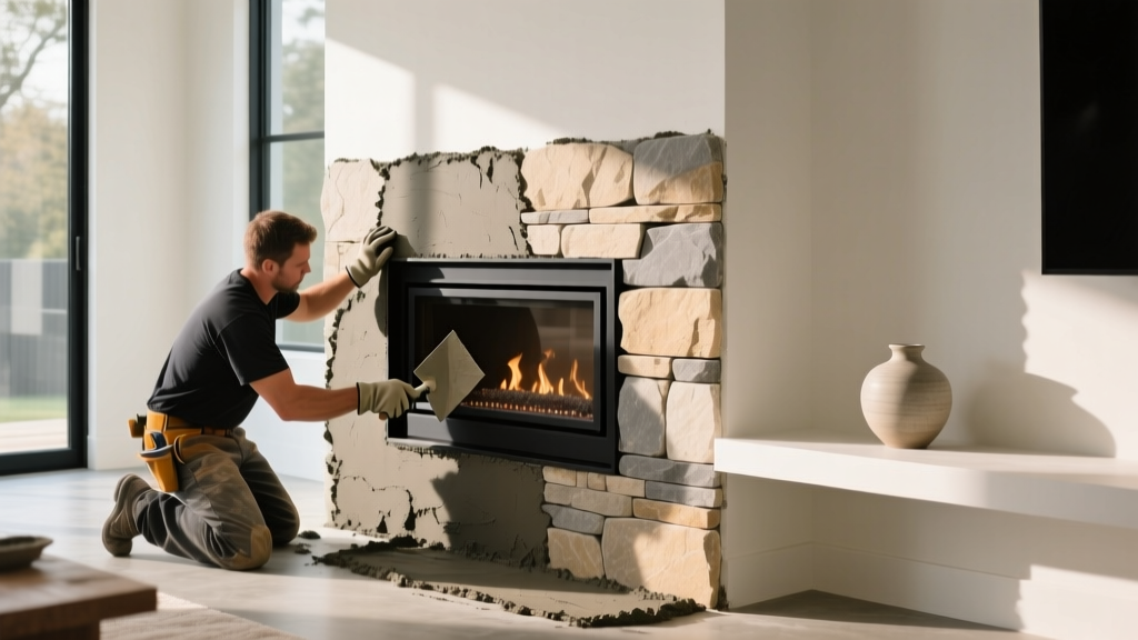 Mason troweling mortar on fireplace stone veneer around a black steel zero-clearance firebox insert in a modern living room