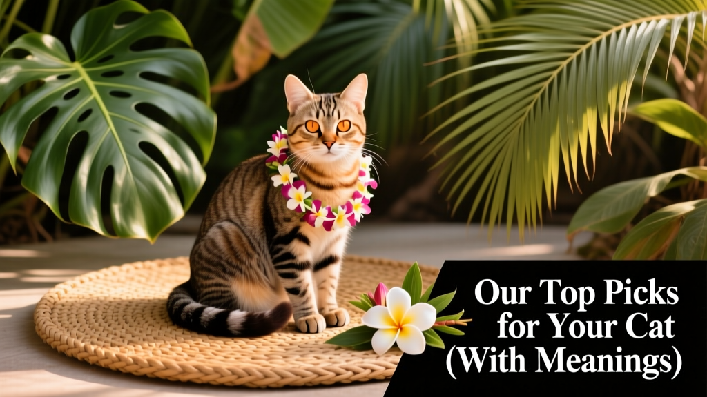 A relaxed cat sitting on a woven mat beside tropical leaves and a small lei, reflecting Hawaiian aesthetics and feline serenity