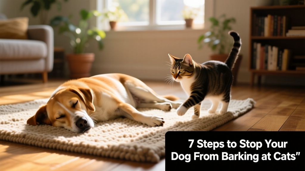 A happy dog lying quietly on a rug while a curious cat approaches cautiously from a few feet away, both appearing relaxed and unthreatened