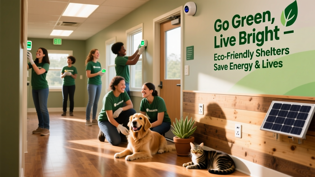 Volunteers installing LED lighting and motion sensors in a shelter hallway, with signage promoting eco-friendly practices
