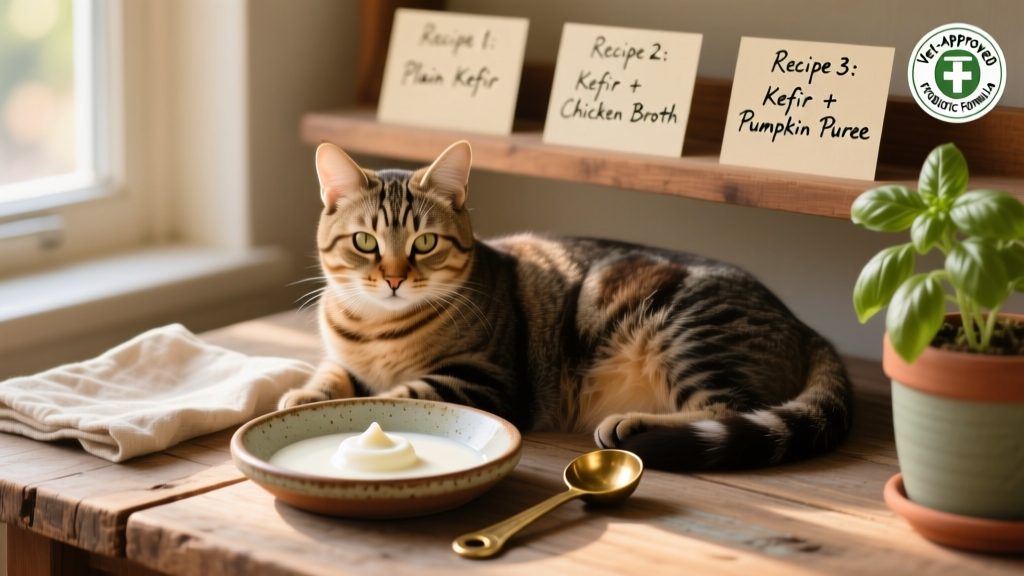 A relaxed cat sitting beside a shallow dish containing a small portion of creamy kefir, with a measuring spoon nearby