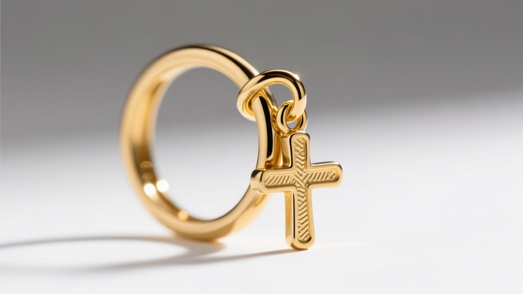 Macro view of a 20-gauge gold jump ring connecting a cross charm to an ear wire, showing the tiny closure gap under bright light.