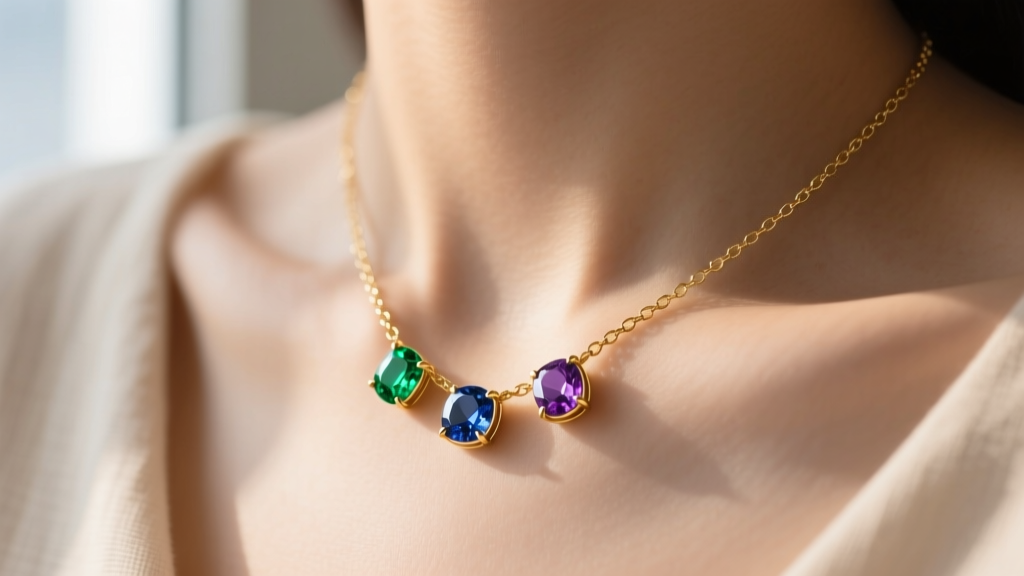Close-up of a 14k gold station necklace with three bezel-set birthstones resting on a collarbone under soft, warm natural lighting
