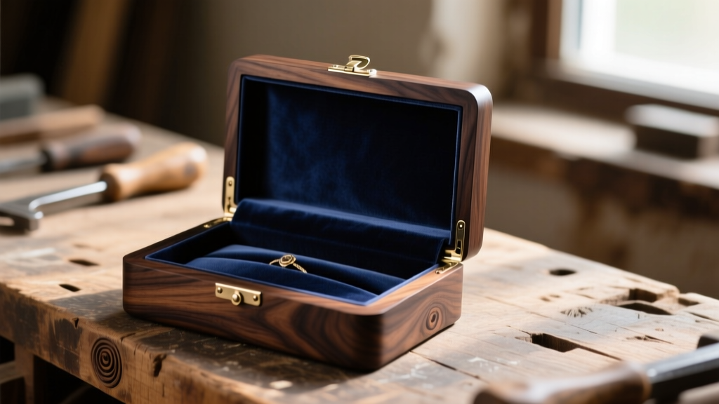 Open handcrafted black walnut jewelry box with navy anti-tarnish velvet interior resting on a rustic workbench in warm lighting.