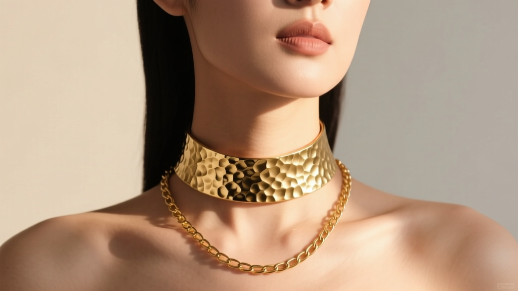 Woman wearing an 18k hammered gold choker and a polished chain, photographed from the collarbone up in warm natural sunlight.