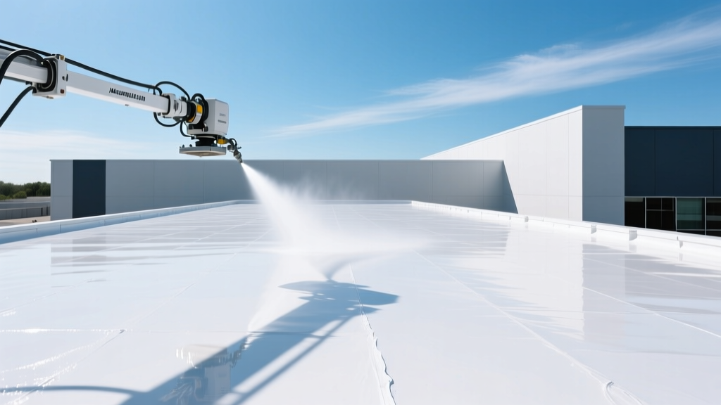 Commercial flat roof being coated with bright white high-solids silicone roofing material from a spray rig on a sunny day
