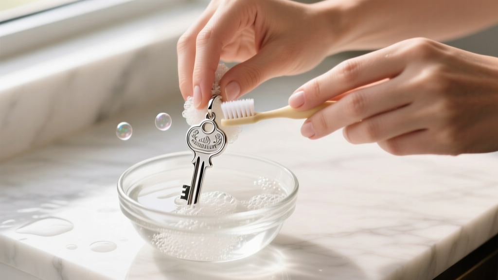 Hands gently scrubbing a sterling silver key pendant with an extra-soft baby toothbrush and soapy water in a small glass bowl.