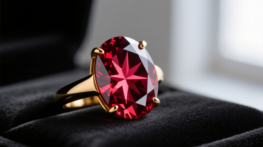 Macro shot of a natural star ruby cabochon in an 18k gold ring, showing a sharp six-rayed star under focused light on dark fabric.