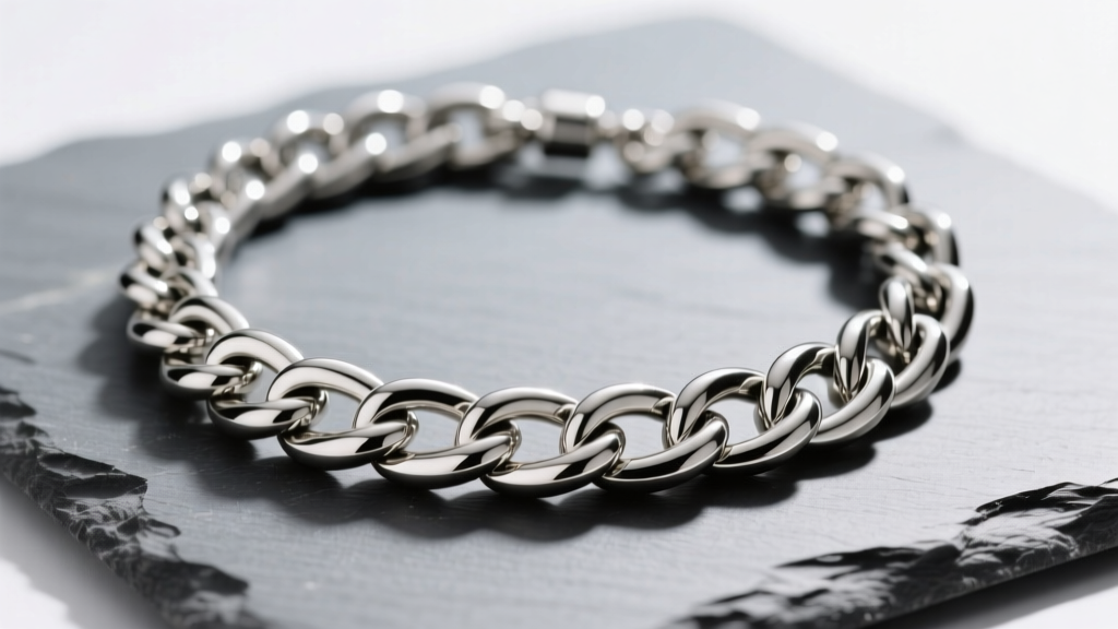 Close-up of a thick Cuban-link chunky silver choker necklace on slate, showing polished reflections and heavy interlocking links.