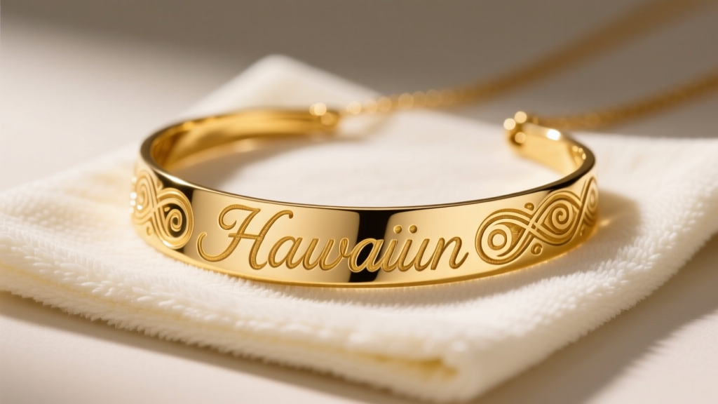 A personalized 14k yellow gold Hawaiian name necklace with deep script engraving, laid flat on a soft microfiber cleaning cloth.