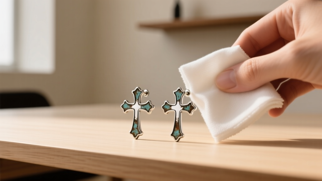 Oxidized silver cross earrings wiped with a dry microfiber cloth on a wooden desk under soft, warm ambient studio lighting setup.