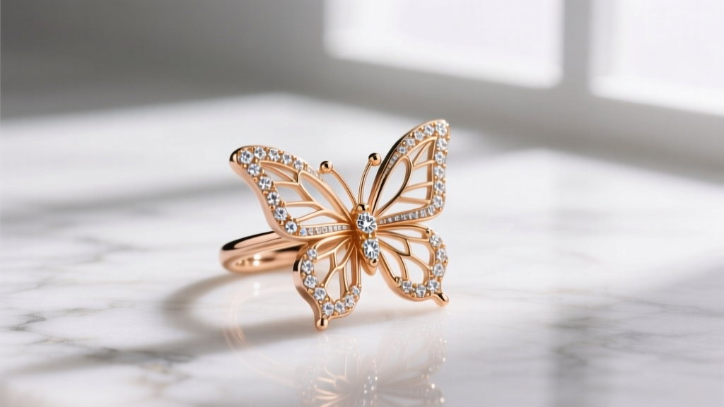 Macro shot of 18k rose gold butterfly ear cuff with pavé diamonds on marble, highlighting intricate metalwork and bright stones