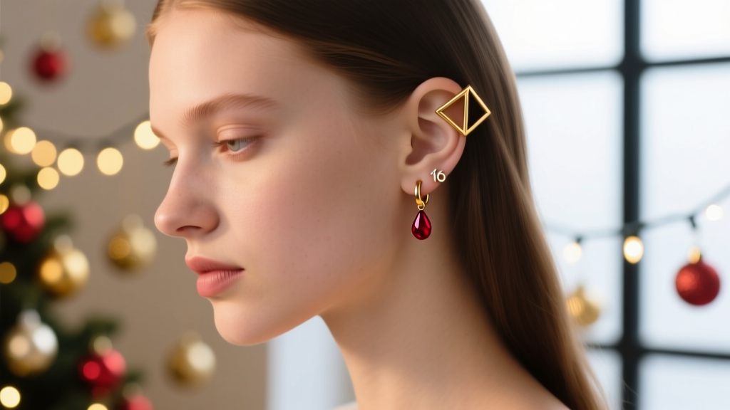 Side profile of a model wearing a 16-gauge gold ear cuff and ruby huggie on upper cartilage against a blurred festive background