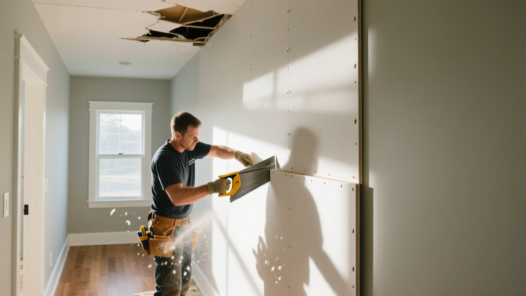 Contractor cutting a new piece of USG Sheetrock UltraLight to patch a water-damaged ceiling section in a brightly lit residential hallway