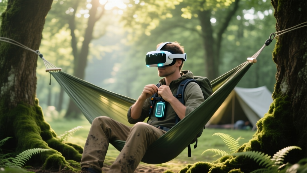 Backpacker adjusting a magnetic battery pack strap on a VR headset while sitting in a shaded hammock at a forest campsite