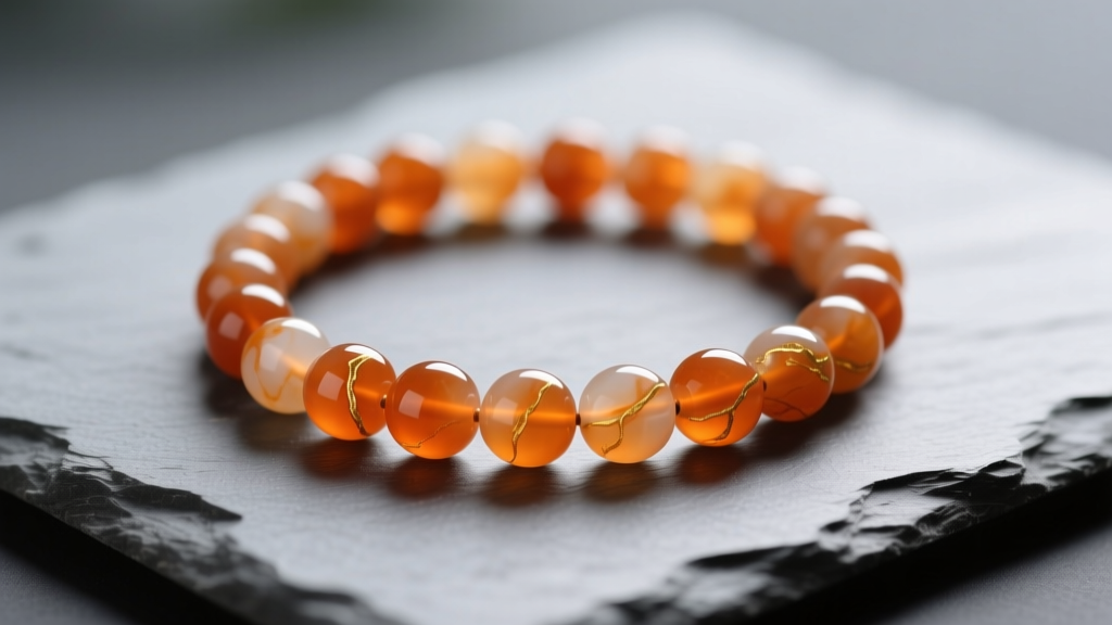 Orange jadeite bead necklace on slate, soft light highlighting translucent luster and natural mottled color variations in stones.