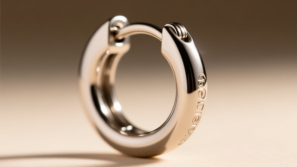 Macro shot of 18-gauge titanium huggie hoop clasp, highlighting the secure clicker hinge mechanism and polished metal finish