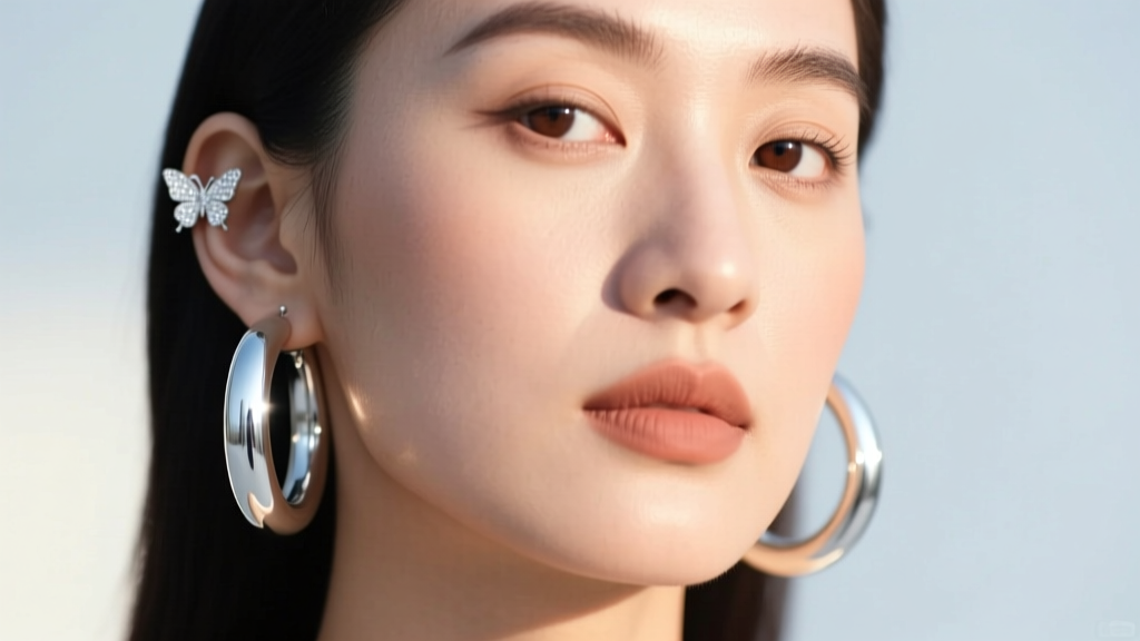 Close-up of a woman wearing chunky 40mm sterling silver tube hoops and a delicate butterfly stud, soft 90s flash photography style
