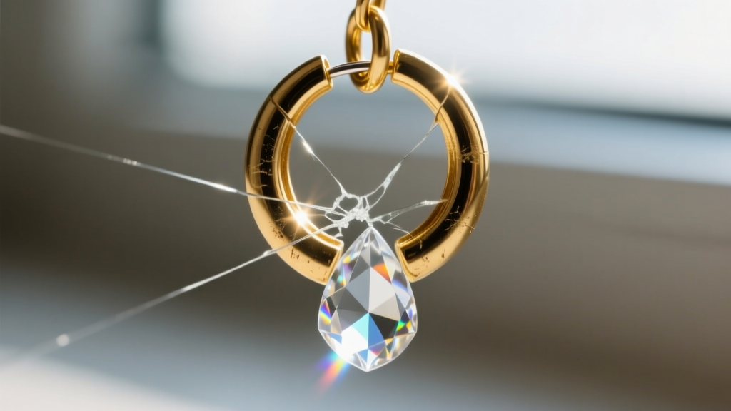 Loupe view of a fatigued 22-gauge unsoldered gold jump ring pulling apart under the kinetic weight of a heavy crystal drop earring