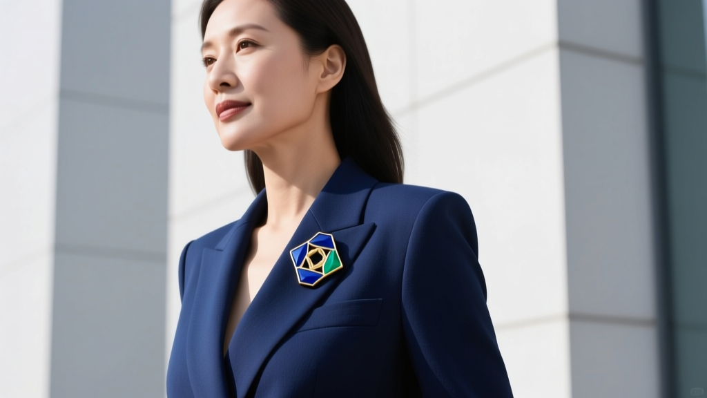 Woman in tailored blazer with an enamel geometric jewelry brooch placed exactly three inches below the left shoulder seam