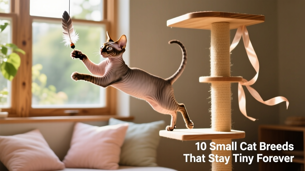 A playful Cornish Rex mid-leap, reaching toward a dangling toy on a cat tree, surrounded by soft cushions and hanging ribbons