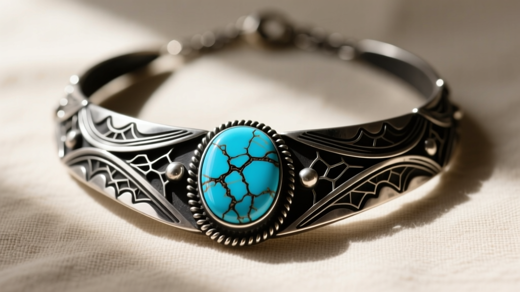 Close-up of a Navajo silver turquoise necklace showing oxidized sterling silver and blue Kingman stones with dark web matrix.