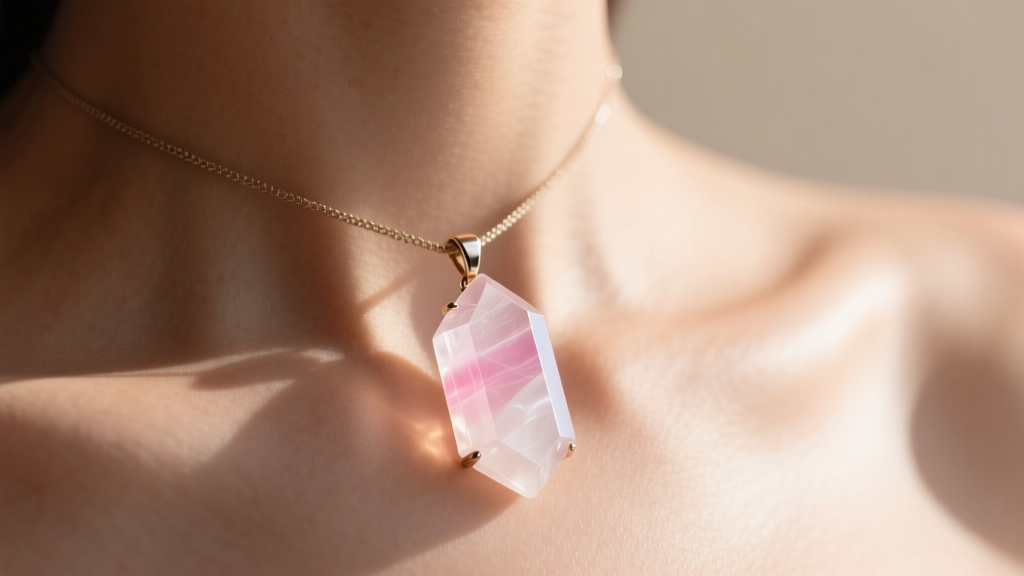Close-up of a smooth polished rose quartz touchstone crystal necklace pendant resting on a collarbone under soft natural lighting.