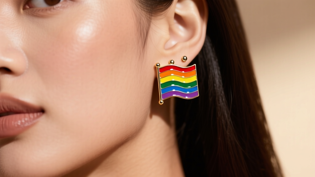 Macro shot of a vibrant hard-enamel pride flag stud earring on a model's earlobe, showing crisp metal lines and a glossy finish