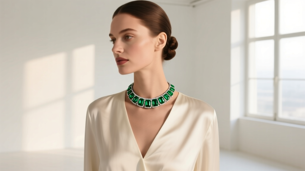 Woman wearing a 16-inch emerald choker necklace in a bezel setting, paired with a V-neck silk blouse in a bright modern studio.