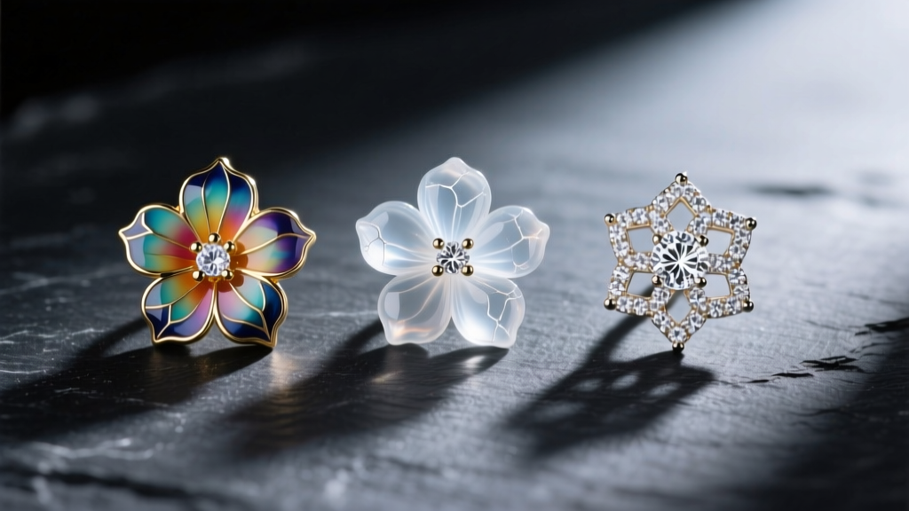 Flat lay of three flower earrings showing vitreous enamel, cold resin, and pave zirconia on a dark slate background surface
