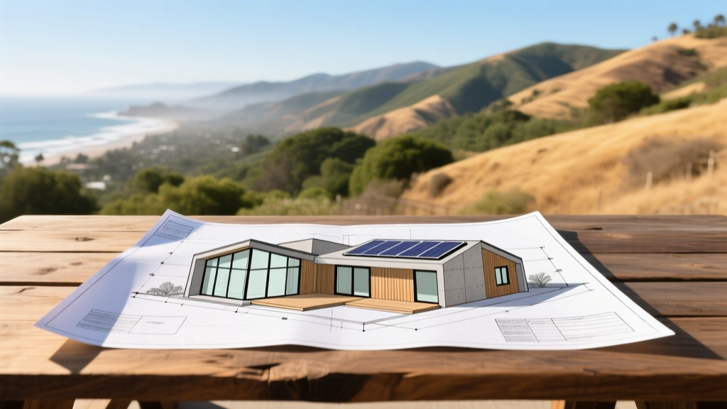 Blueprint of a modern detached accessory dwelling unit on a wooden table with San Diego coastal hills in the bright background