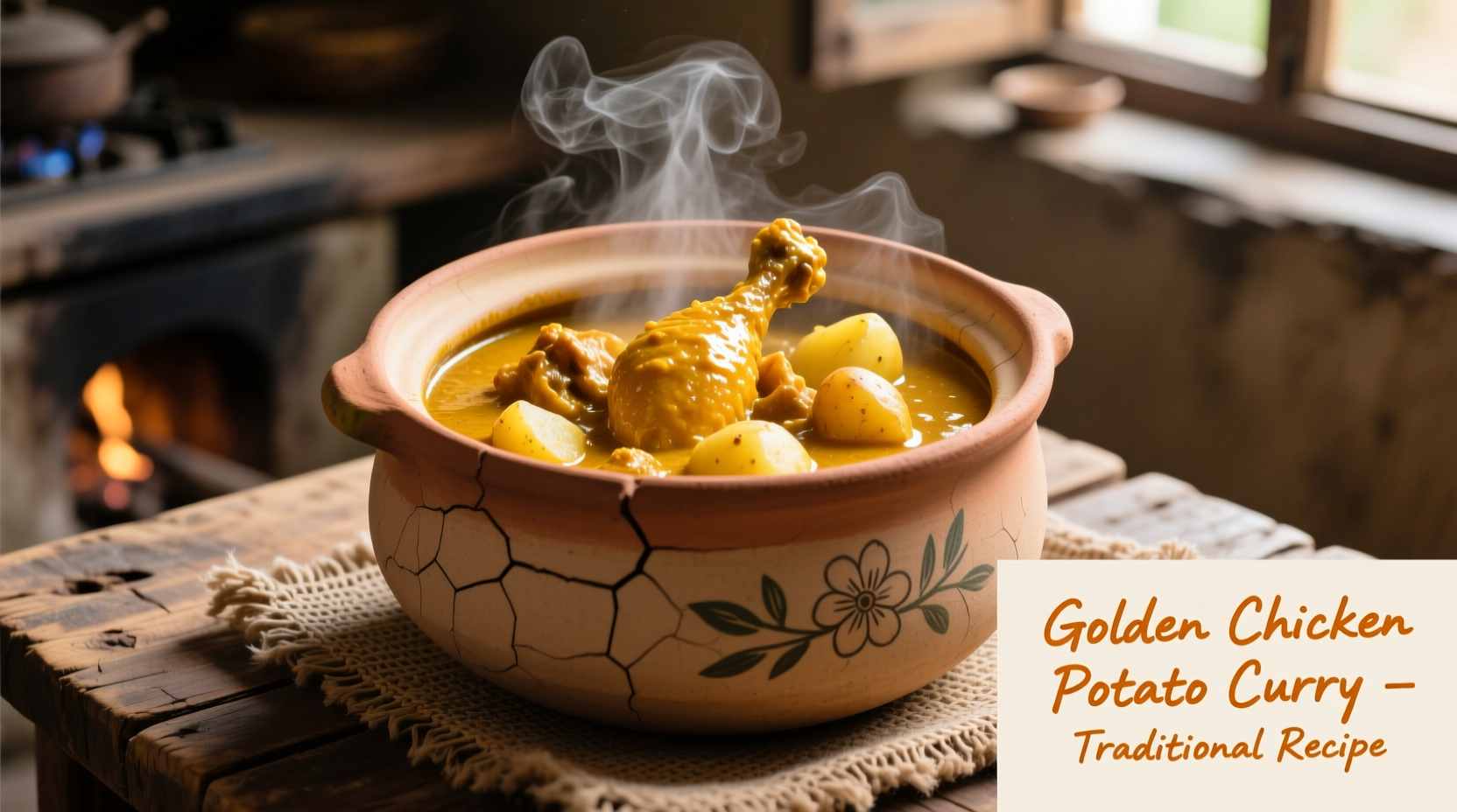 Golden chicken potato curry simmering in traditional clay pot
