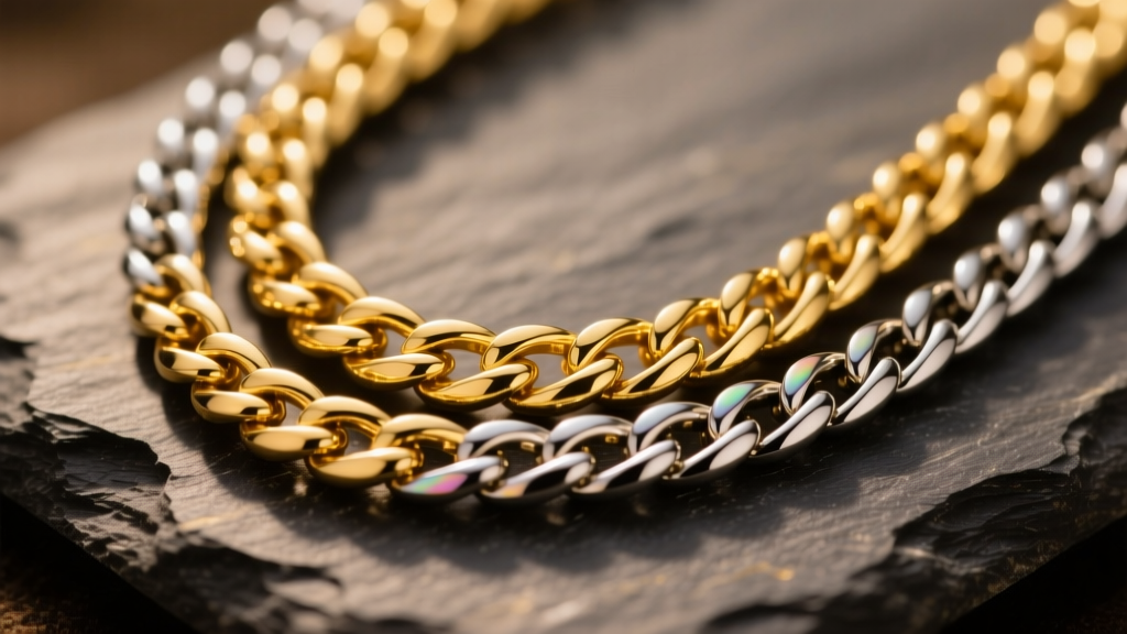 Macro photography of a layered 14k solid gold wheat chain and a PVD-coated stainless steel box chain resting on dark slate stone