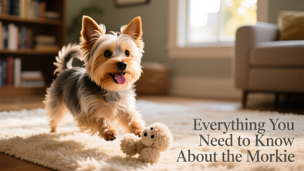 A Morkie mid-play with a soft toy on a cozy rug, showcasing its playful expression and textured coat