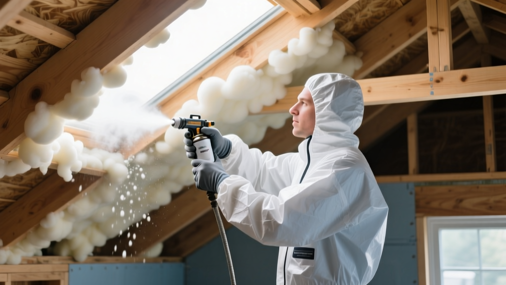 Professional installer in protective Tyvek suit applying two-pound closed-cell spray foam insulation to exposed wooden roof rafters in a residential build