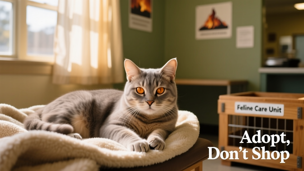 A calm senior cat resting in a cozy adoption room with soft lighting