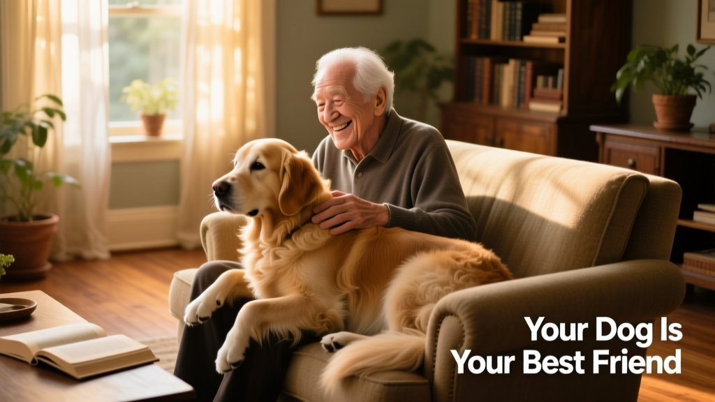 An elderly man smiling broadly as he strokes a calm, gentle therapy dog seated beside him in a sunlit living room