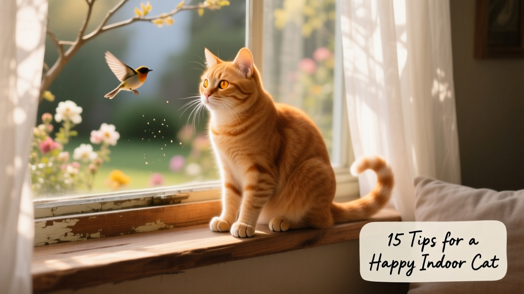Ginger cat perched contentedly on a sunny windowsill, watching outside
