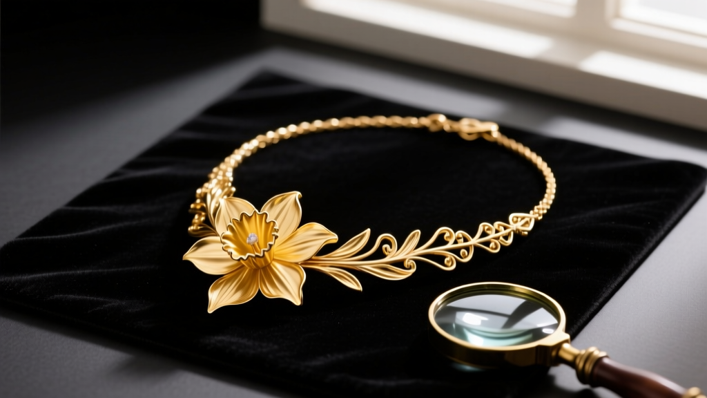 A vintage 18k gold daffodil necklace laid flat on a dark velvet appraisal mat next to a jeweler's loupe and scale.