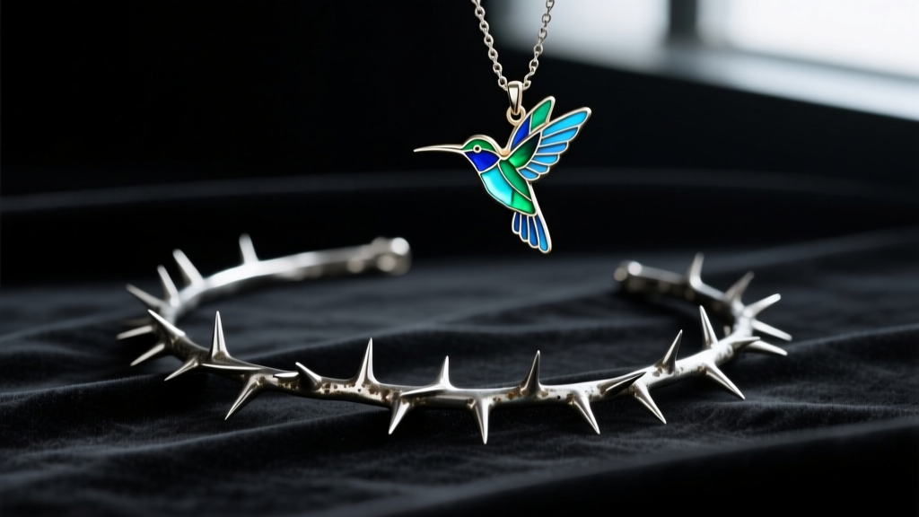 Moody flat-lay of an oxidized sterling silver thorn choker beside a plique-à-jour enamel hummingbird pendant on dark velvet fabric.