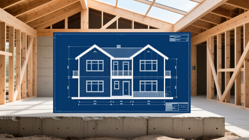 Architectural blueprint of a side-by-side duplex overlaid on a poured concrete foundation with lumber framing in the background