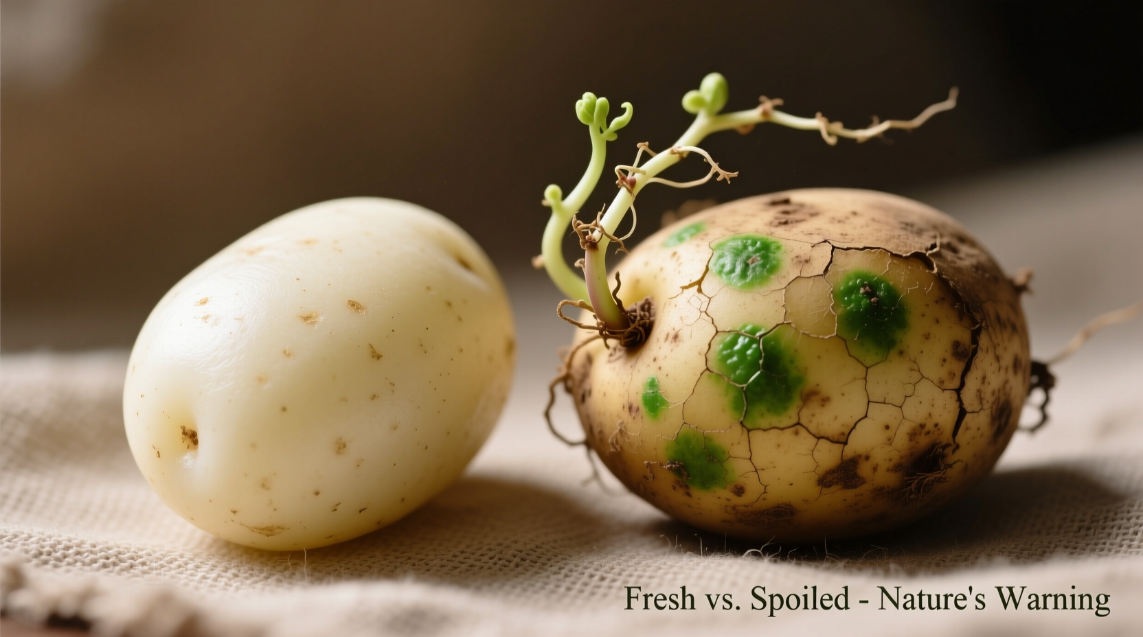 Close-up of fresh versus spoiled potatoes showing green spots and sprouts