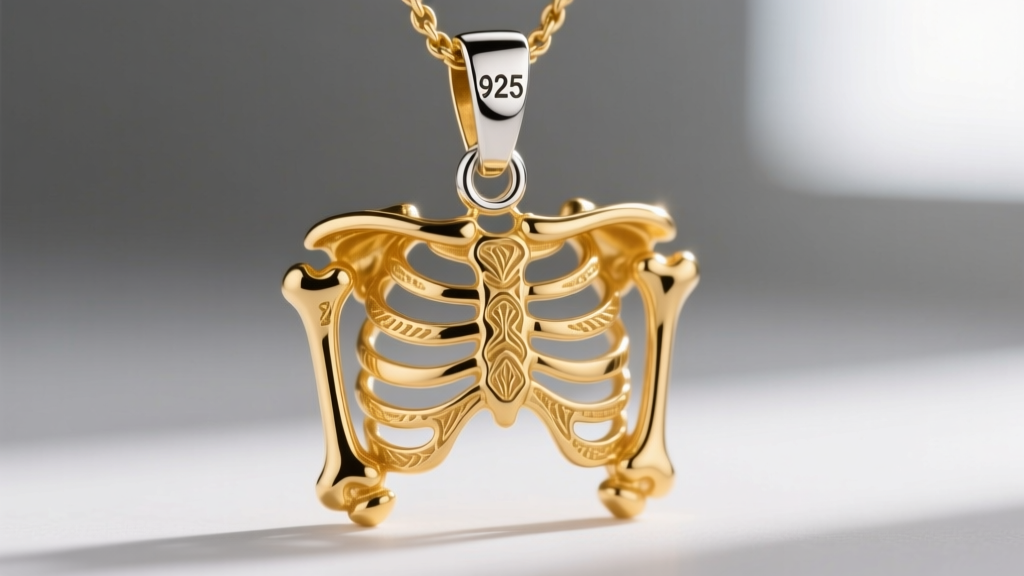 Macro photo of a gold vermeil skeleton pendant showing rich gold plating and a 925 stamp on the small silver connecting bail.